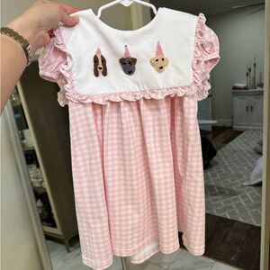 Pink Gingham Kids Pajamas with Dog Embroidery